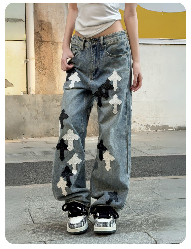 Men's Straight Leg Wide Leg Jeans, Low Waist Cotton Denim Pants for Spring