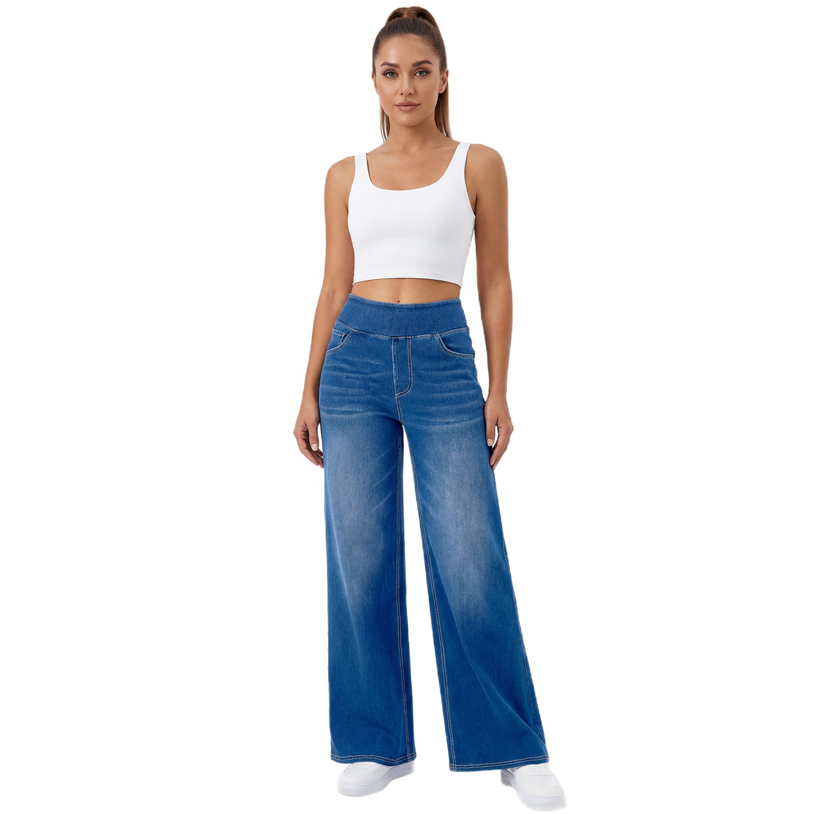 Jeans Wanita Pinggang Tinggi Kaki Lebar, Celana Denim Rata yang Dicuci dan Elastis, Potongan Longgar