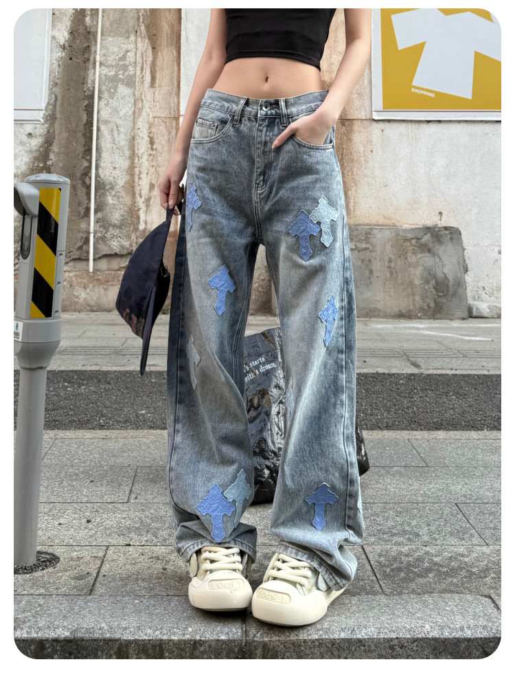 Men's Straight Leg Wide Leg Jeans, Low Waist Cotton Denim Pants for Spring