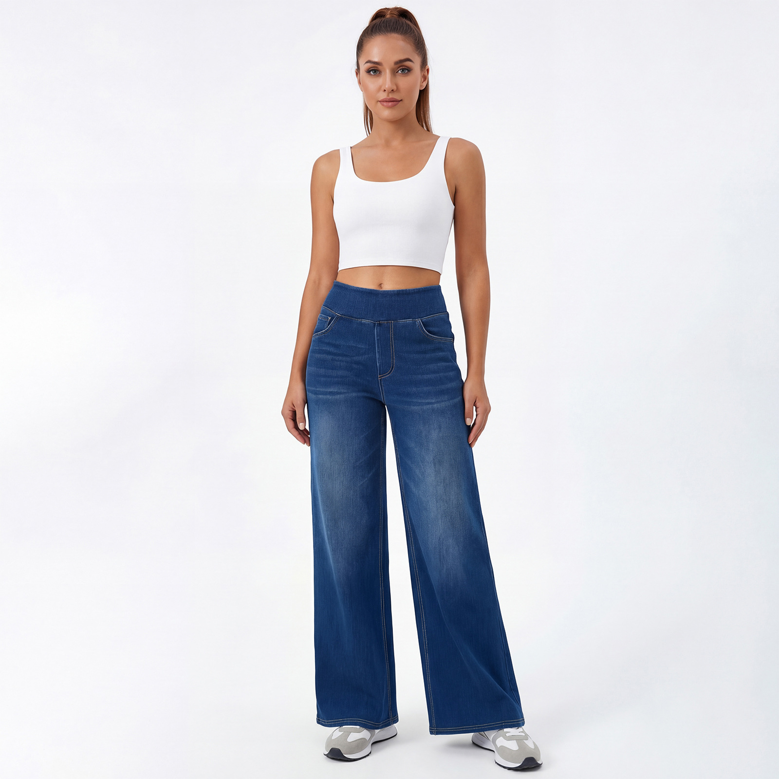 Jeans Wanita Pinggang Tinggi Kaki Lebar, Celana Denim Rata yang Dicuci dan Elastis, Potongan Longgar