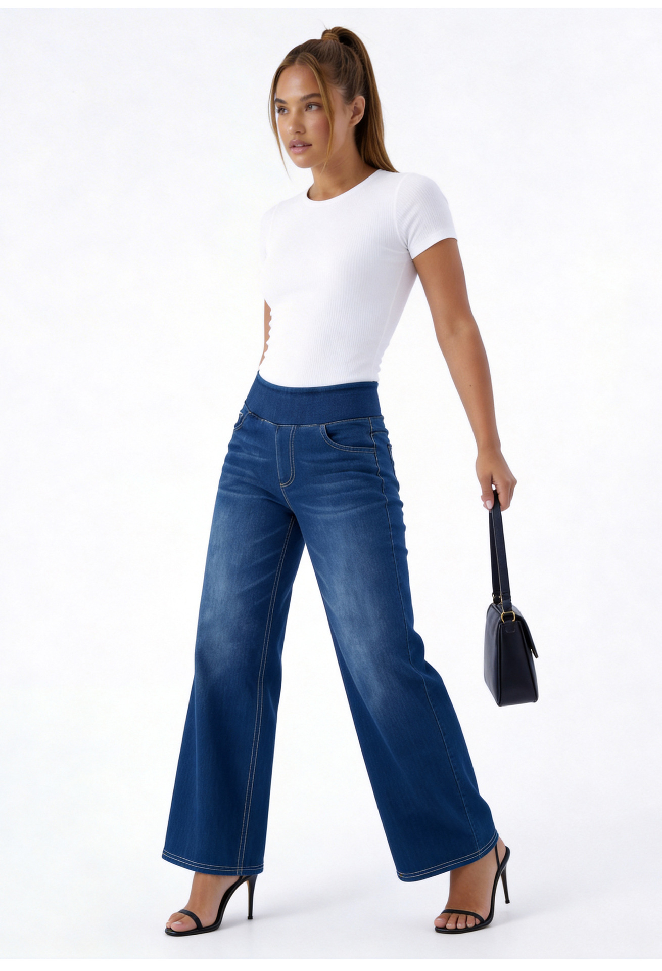 Jeans Wanita Pinggang Tinggi Kaki Lebar, Celana Denim Rata yang Dicuci dan Elastis, Potongan Longgar