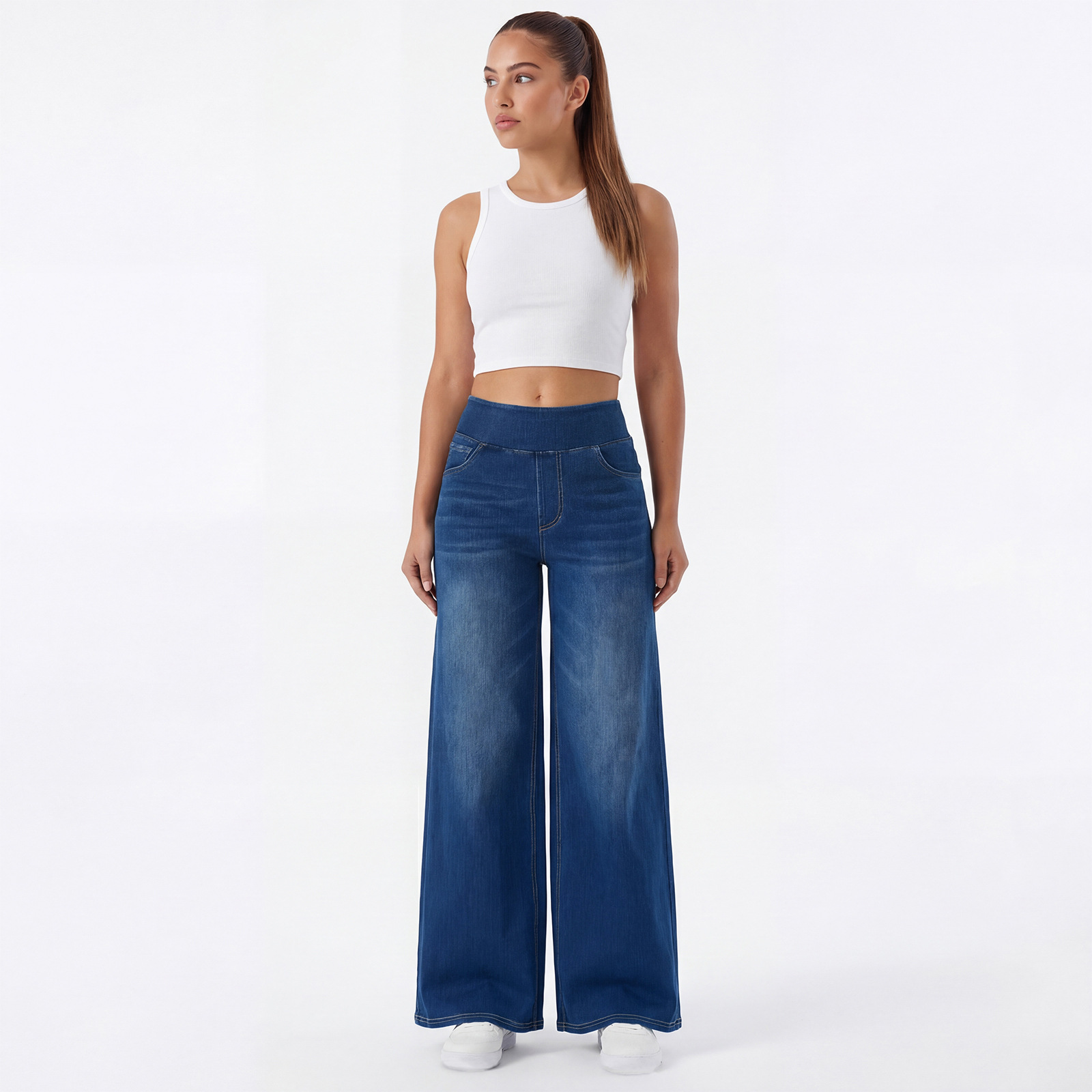 Jeans Wanita Pinggang Tinggi Kaki Lebar, Celana Denim Rata yang Dicuci dan Elastis, Potongan Longgar