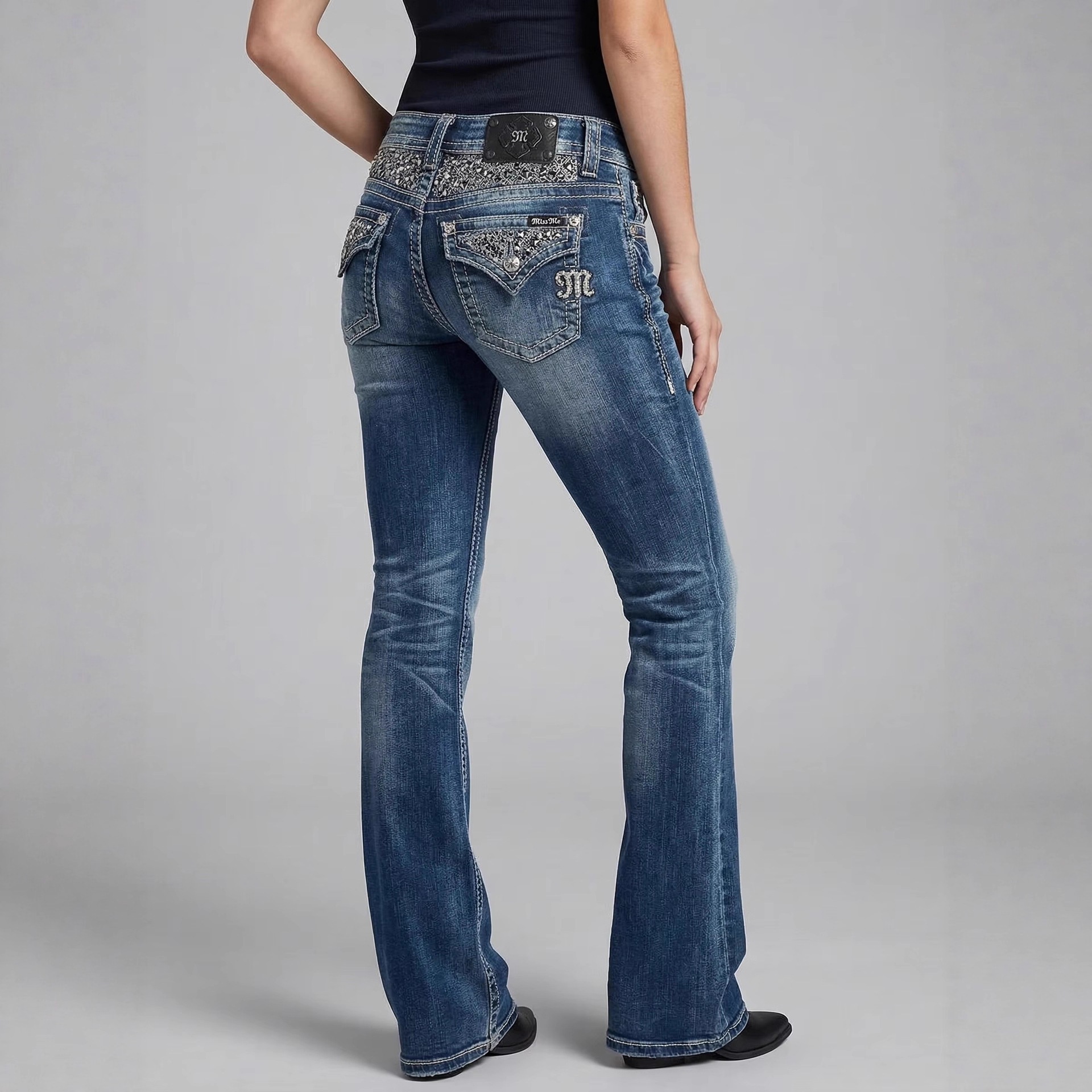 Women Sequin Wide Leg Jeans High Waist Vintage Streetwear Denim Pants