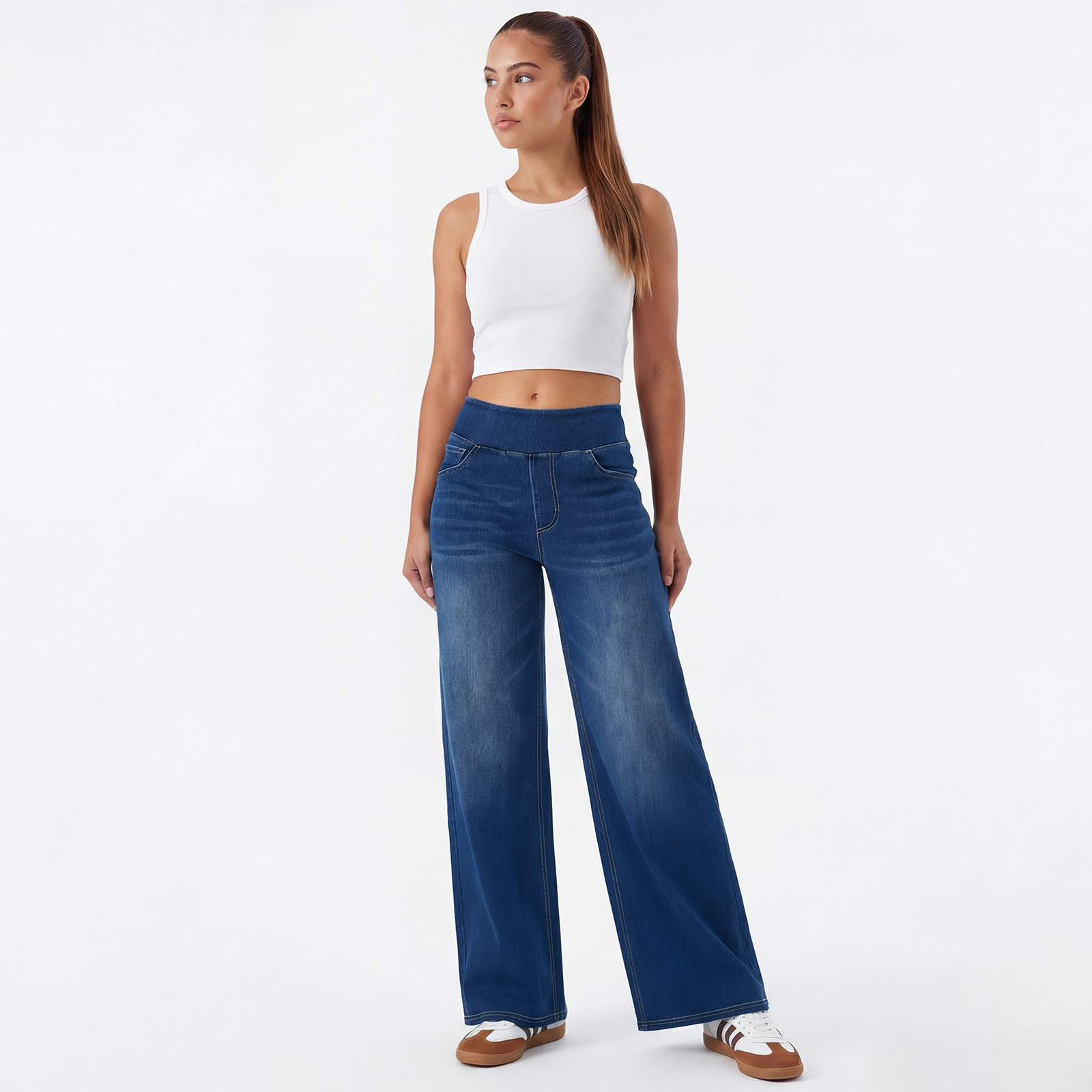Jeans Wanita Pinggang Tinggi Kaki Lebar, Celana Denim Rata yang Dicuci dan Elastis, Potongan Longgar