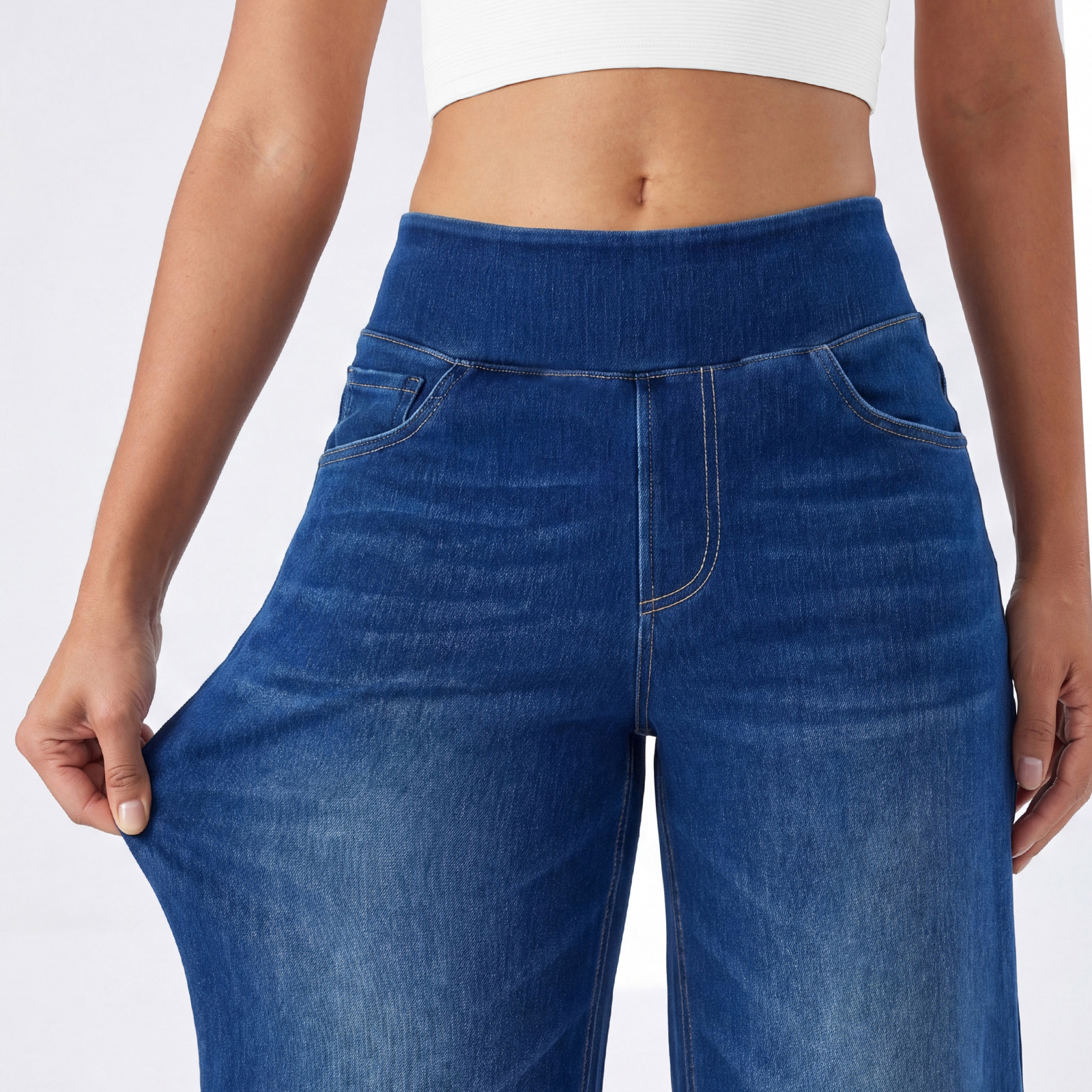 Jeans Wanita Pinggang Tinggi Kaki Lebar, Celana Denim Rata yang Dicuci dan Elastis, Potongan Longgar