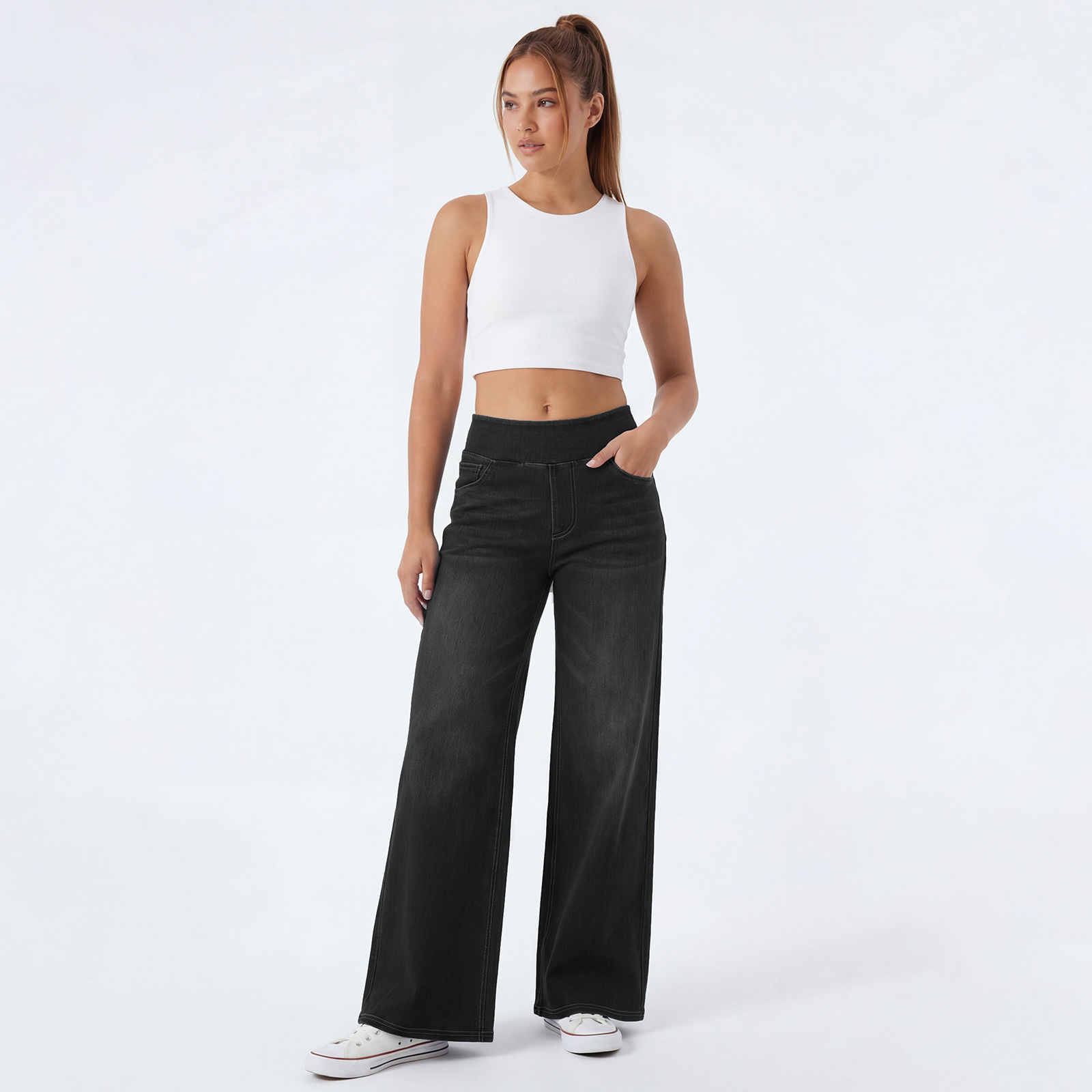 Jeans Wanita Pinggang Tinggi Kaki Lebar, Celana Denim Rata yang Dicuci dan Elastis, Potongan Longgar