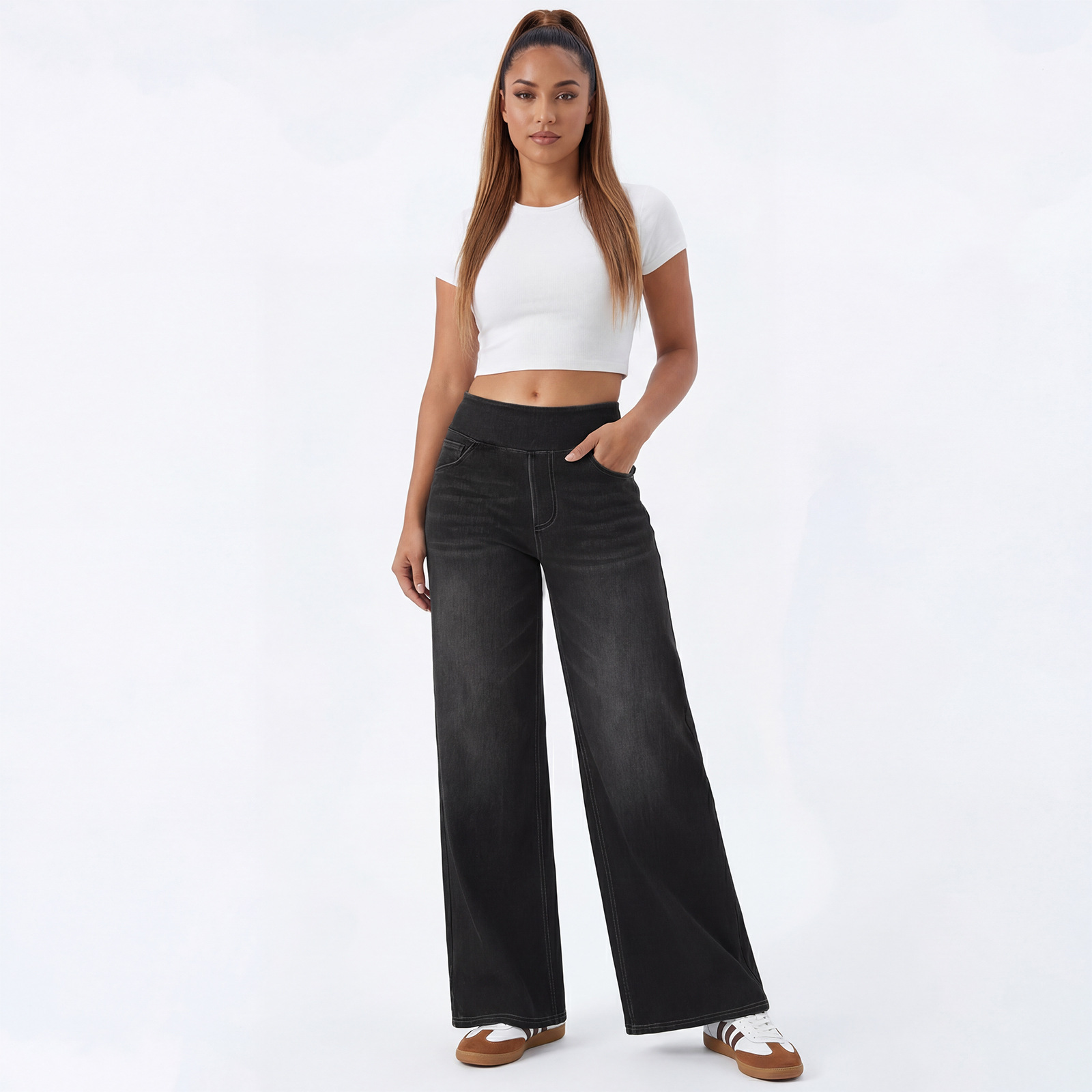Jeans Wanita Pinggang Tinggi Kaki Lebar, Celana Denim Rata yang Dicuci dan Elastis, Potongan Longgar