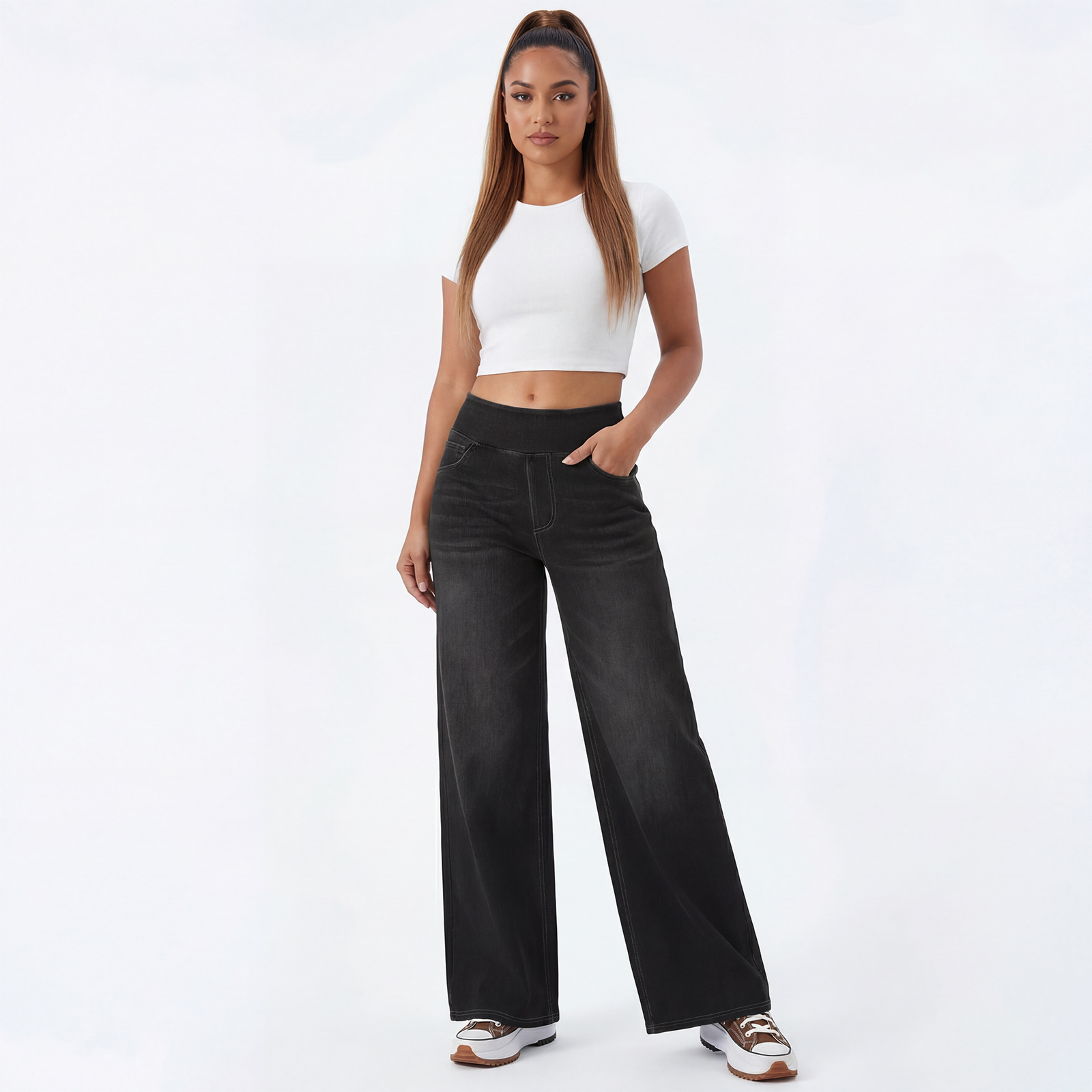 Jeans Wanita Pinggang Tinggi Kaki Lebar, Celana Denim Rata yang Dicuci dan Elastis, Potongan Longgar