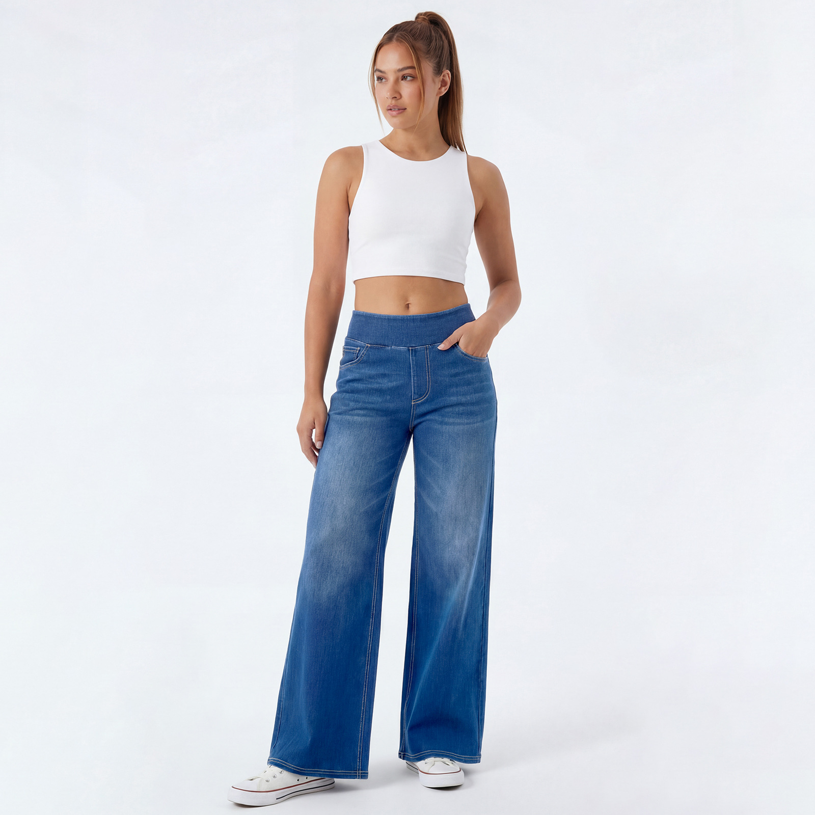 Jeans Wanita Pinggang Tinggi Kaki Lebar, Celana Denim Rata yang Dicuci dan Elastis, Potongan Longgar