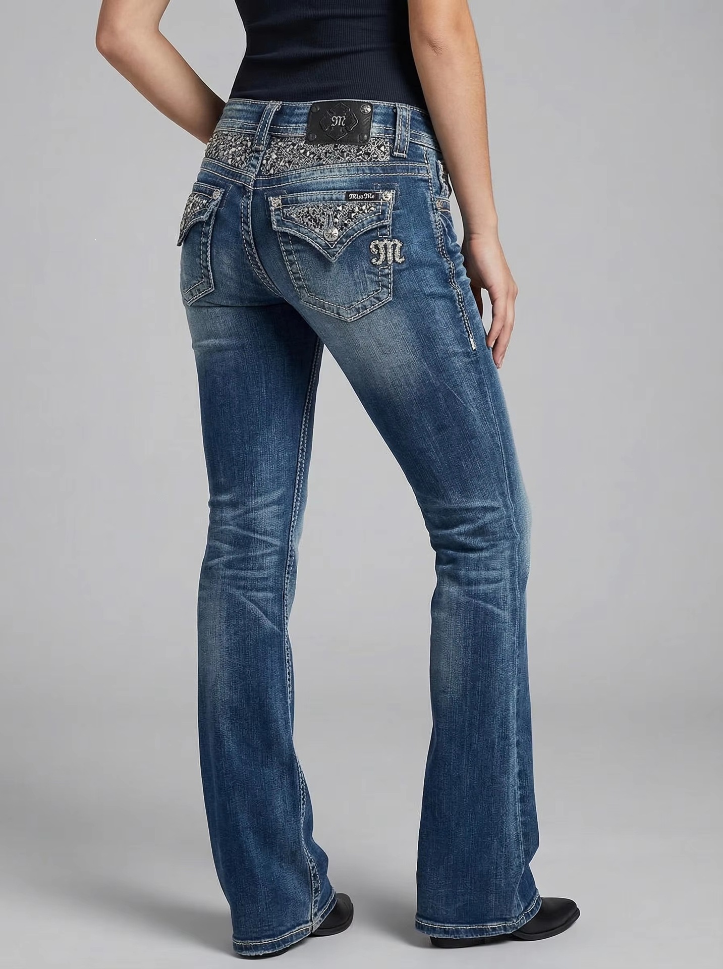 Women Sequin Wide Leg Jeans High Waist Vintage Streetwear Denim Pants