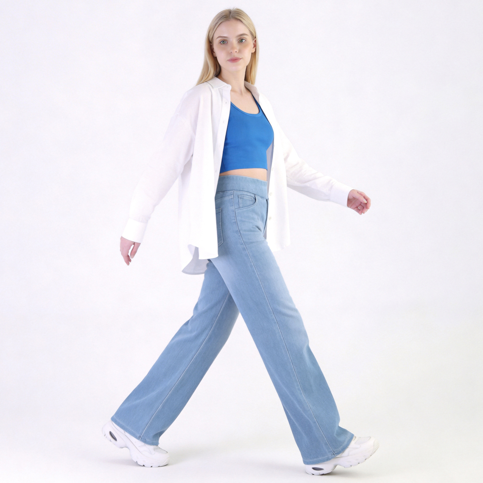 Jeans Wanita Pinggang Tinggi Kaki Lebar, Celana Denim Rata yang Dicuci dan Elastis, Potongan Longgar