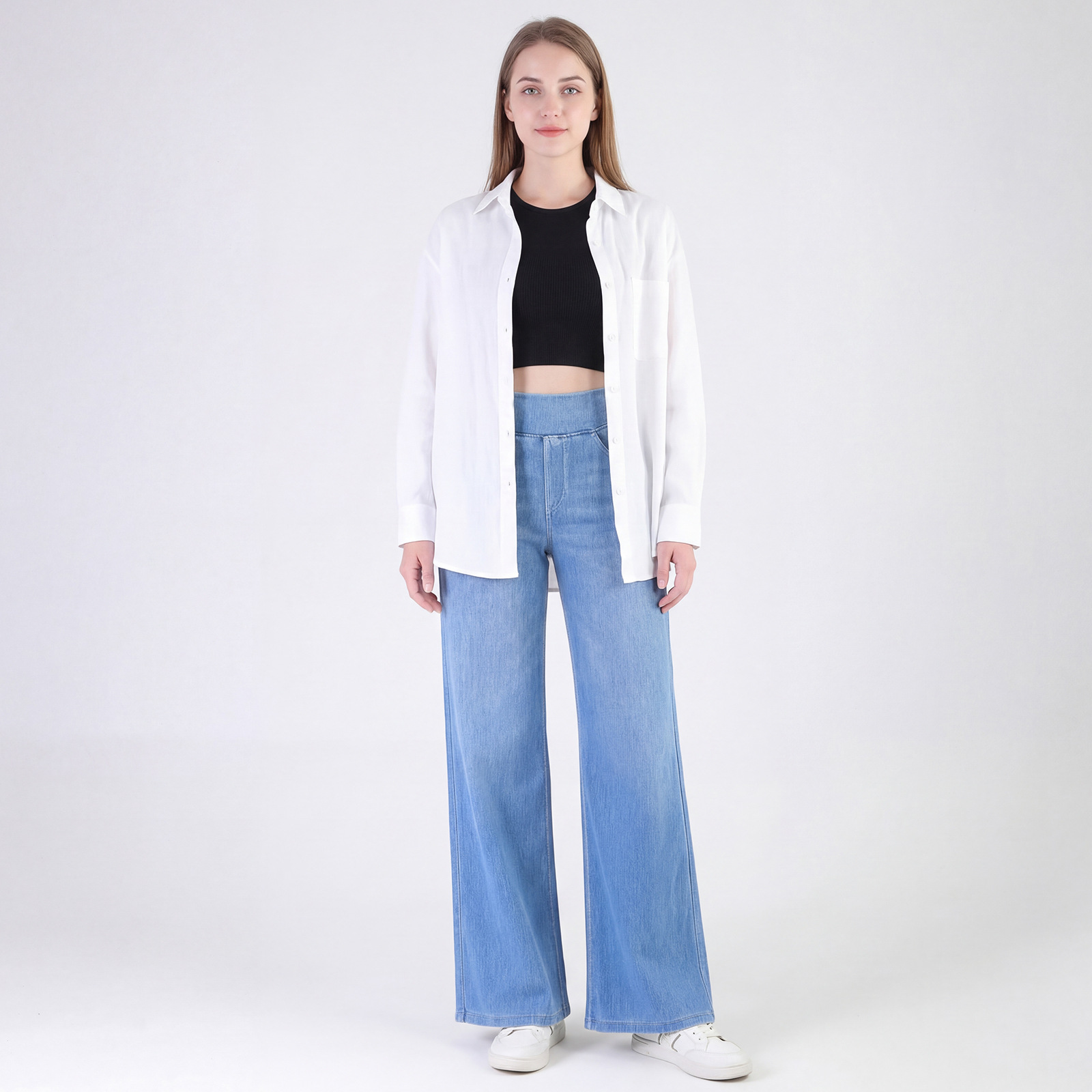 Jeans Wanita Pinggang Tinggi Kaki Lebar, Celana Denim Rata yang Dicuci dan Elastis, Potongan Longgar