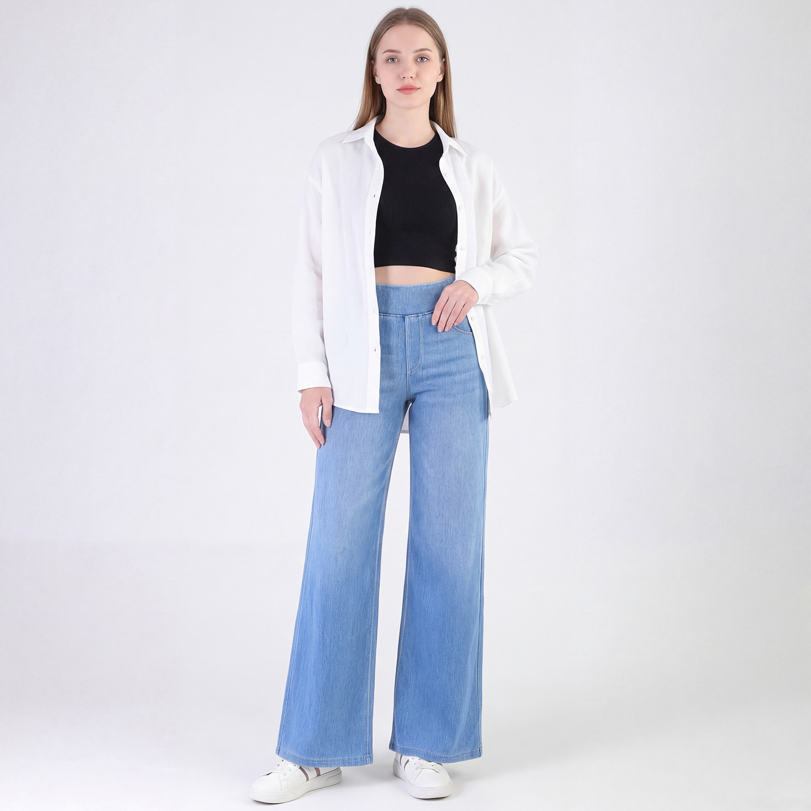 Jeans Wanita Pinggang Tinggi Kaki Lebar, Celana Denim Rata yang Dicuci dan Elastis, Potongan Longgar