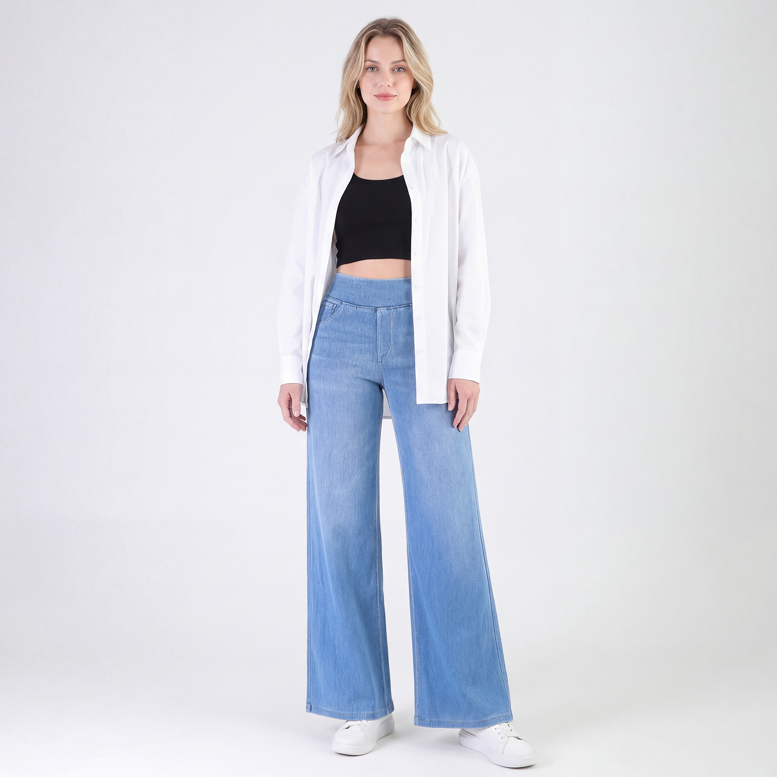 Jeans Wanita Pinggang Tinggi Kaki Lebar, Celana Denim Rata yang Dicuci dan Elastis, Potongan Longgar