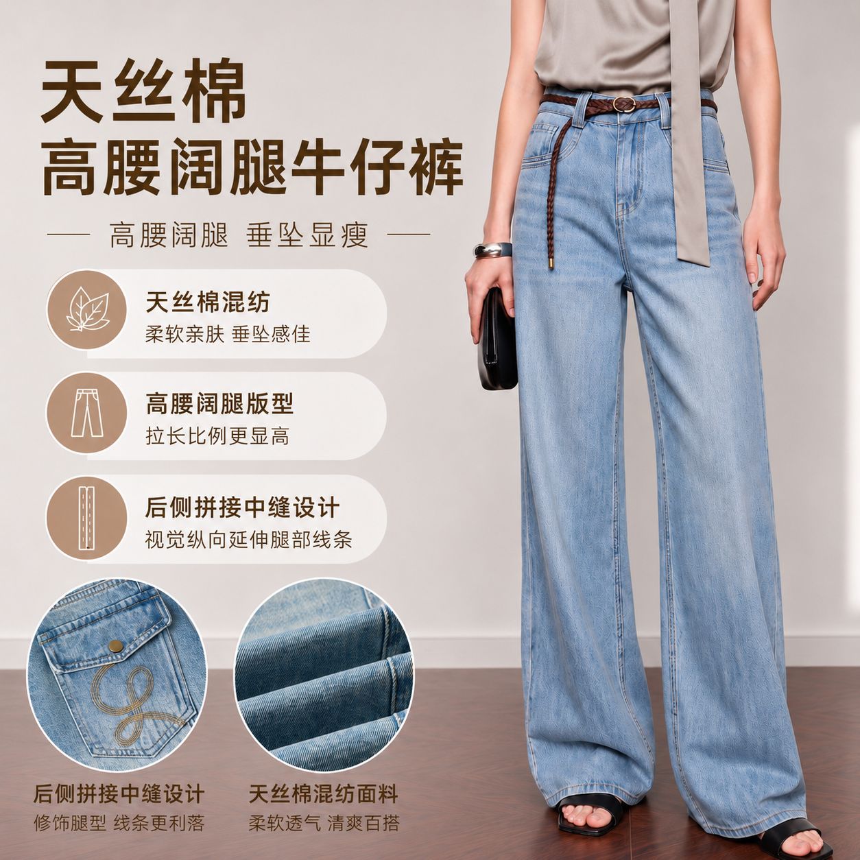 YUNCHANG Women High Waist Wide Leg Jeans with Vintage Embroidery, Tencel Lyocell Cotton Denim Blue