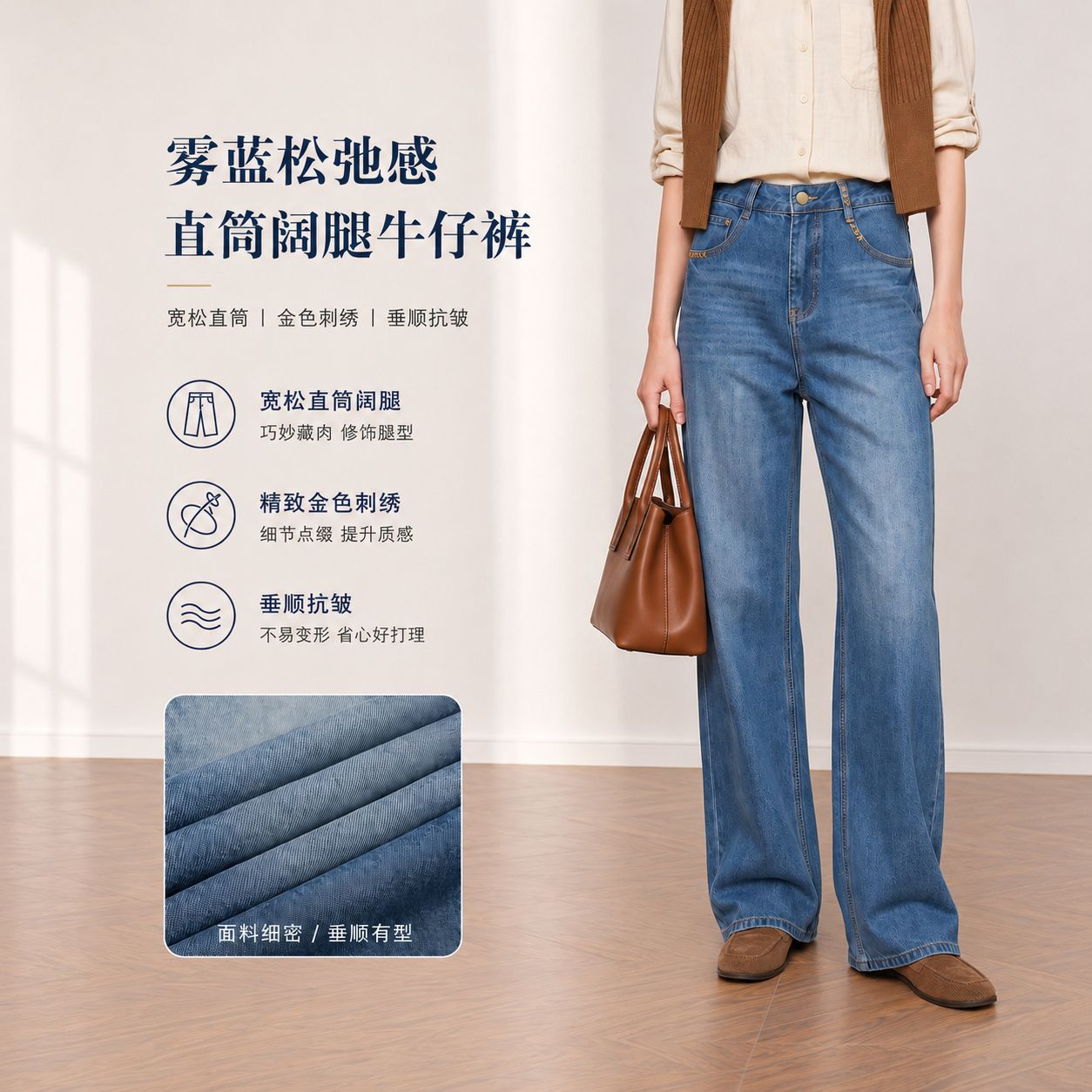 Yuxene Women's High Waist Wide Leg Jeans with Gold Embroidery, Lyocell Blend Retro Blue Denim Pants