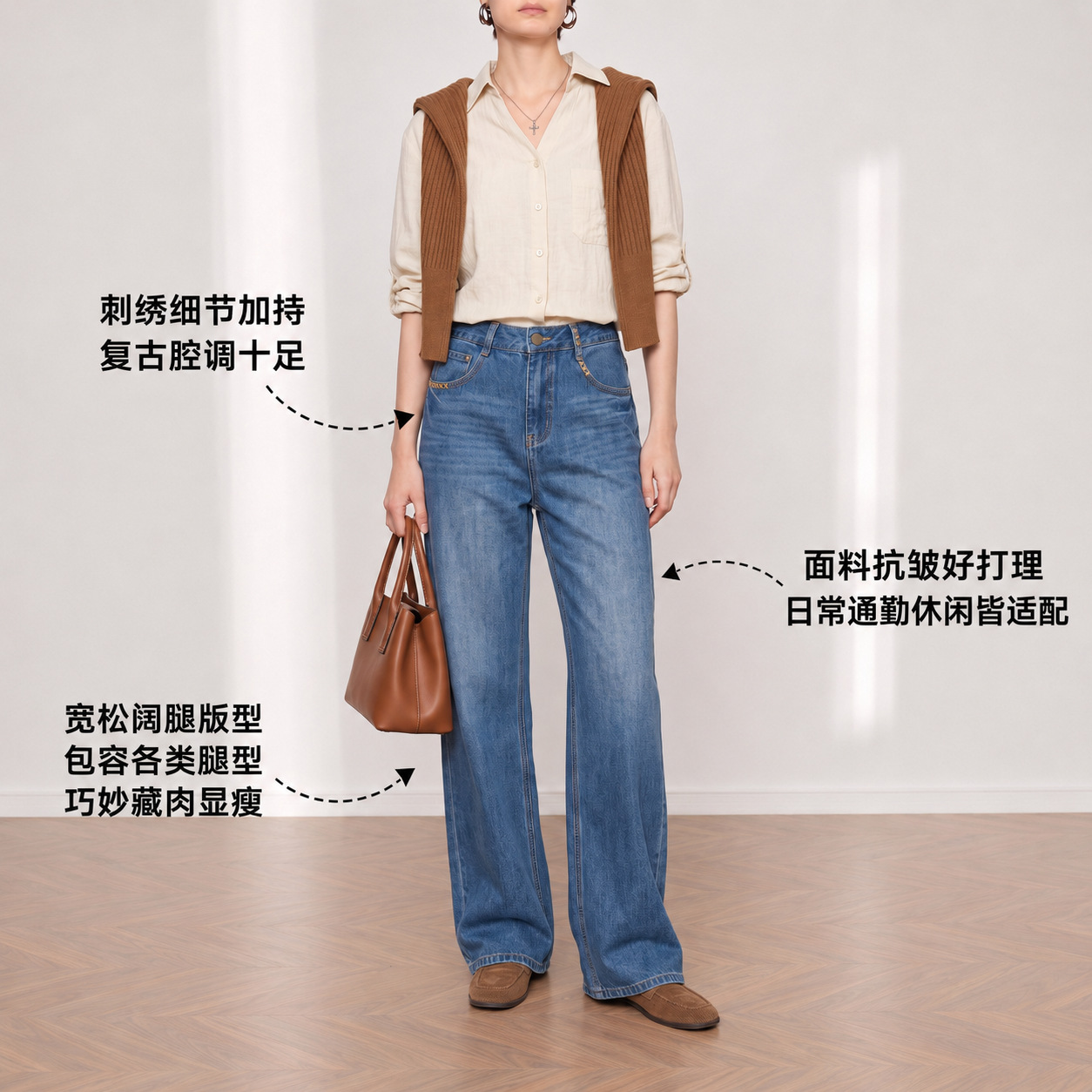 Yuxene Women's High Waist Wide Leg Jeans with Gold Embroidery, Lyocell Blend Retro Blue Denim Pants