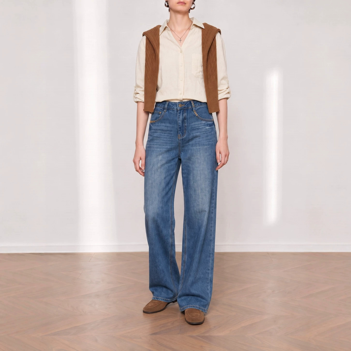 Yuxene Women's High Waist Wide Leg Jeans with Gold Embroidery, Lyocell Blend Retro Blue Denim Pants