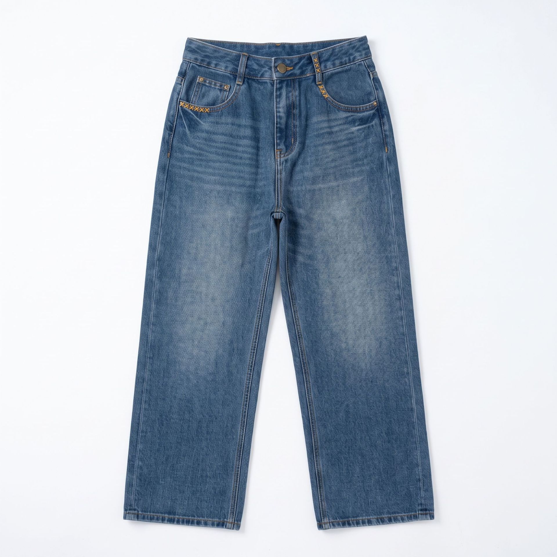 Yuxene Women's High Waist Wide Leg Jeans with Gold Embroidery, Lyocell Blend Retro Blue Denim Pants
