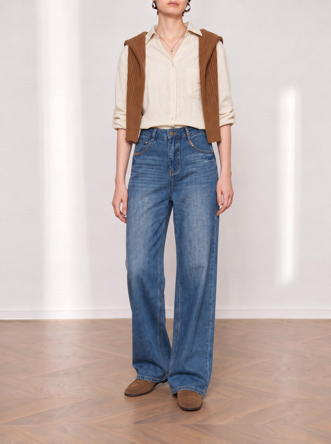 Yuxene Women's High Waist Wide Leg Jeans with Gold Embroidery, Lyocell Blend Retro Blue Denim Pants