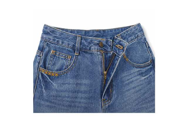 Yuxene Women's High Waist Wide Leg Jeans with Gold Embroidery, Lyocell Blend Retro Blue Denim Pants
