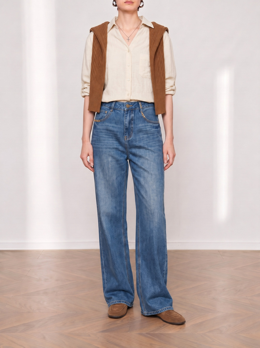 Yuxene Women's High Waist Wide Leg Jeans with Gold Embroidery, Lyocell Blend Retro Blue Denim Pants