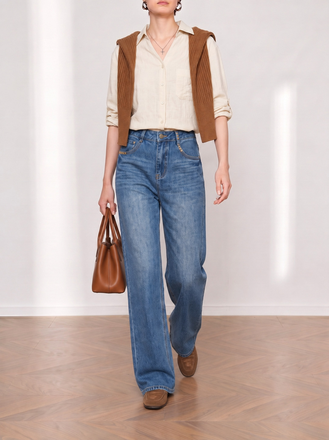 Yuxene Women's High Waist Wide Leg Jeans with Gold Embroidery, Lyocell Blend Retro Blue Denim Pants