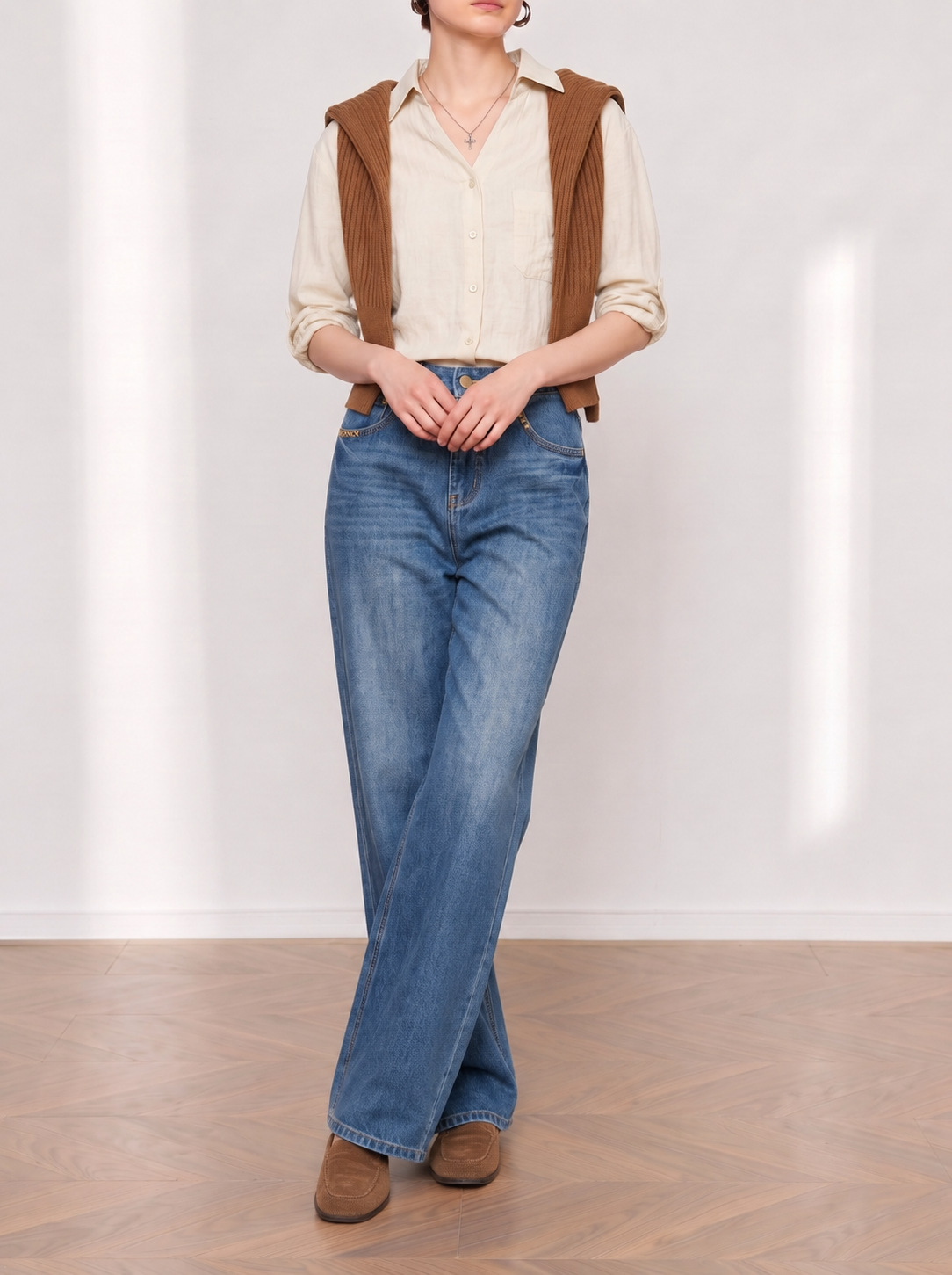 Yuxene Women's High Waist Wide Leg Jeans with Gold Embroidery, Lyocell Blend Retro Blue Denim Pants