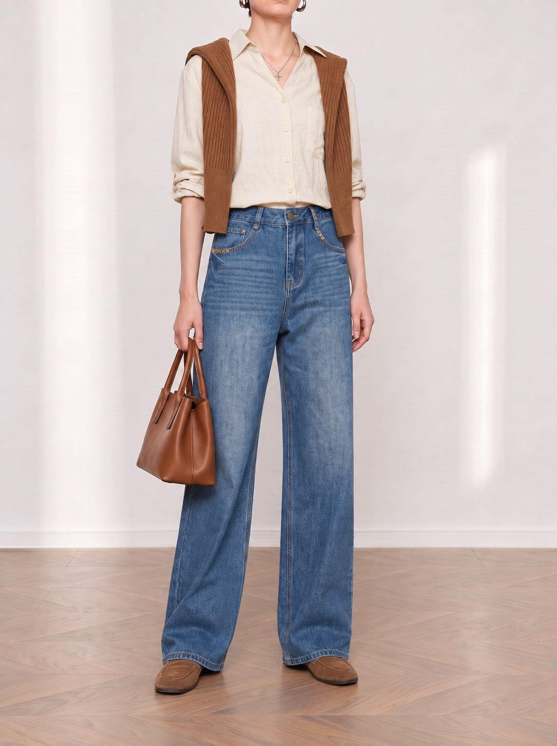 Yuxene Women's High Waist Wide Leg Jeans with Gold Embroidery, Lyocell Blend Retro Blue Denim Pants