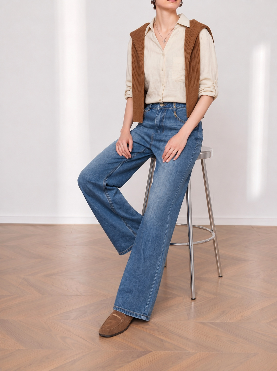 Yuxene Women's High Waist Wide Leg Jeans with Gold Embroidery, Lyocell Blend Retro Blue Denim Pants
