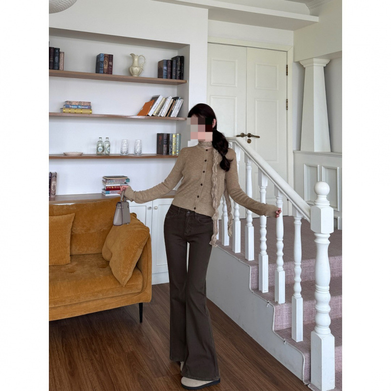Women Mocha Brown Flared Jeans High Waist Slimming Stretch Denim Pants