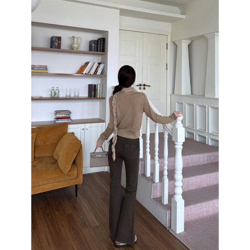 Women Mocha Brown Flared Jeans High Waist Slimming Stretch Denim Pants
