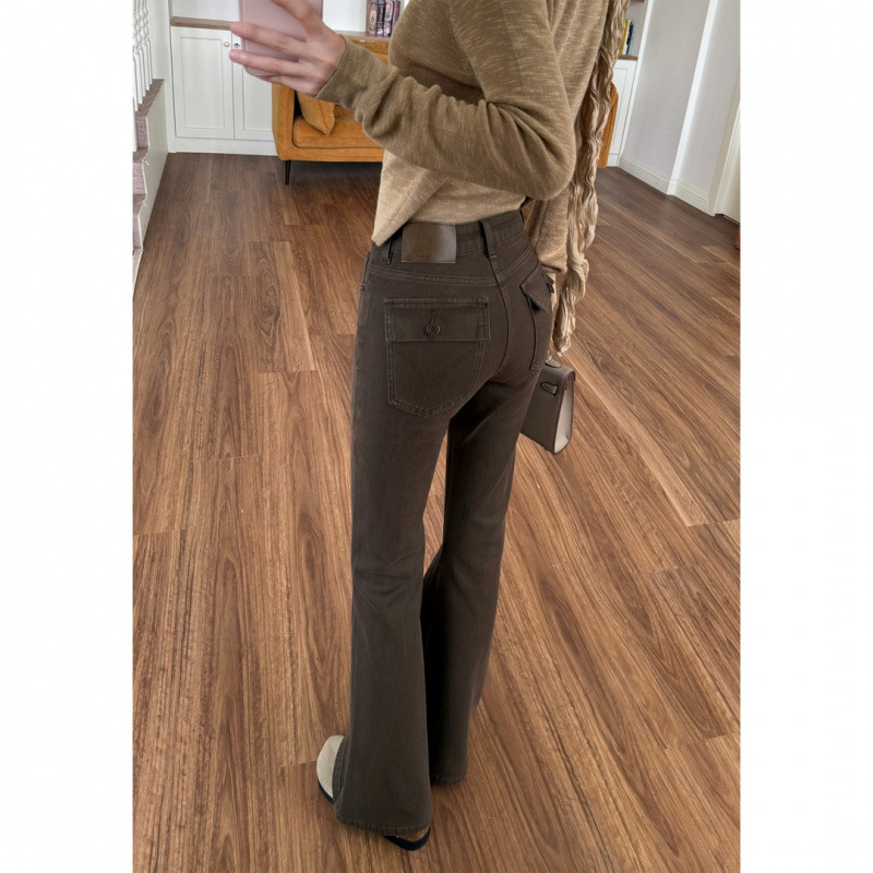 Women Mocha Brown Flared Jeans High Waist Slimming Stretch Denim Pants