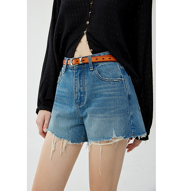 Women High Waist Denim Shorts with Contrast Embroidery, Wide Leg Cotton Jean Shorts for Summer Casual Wear
