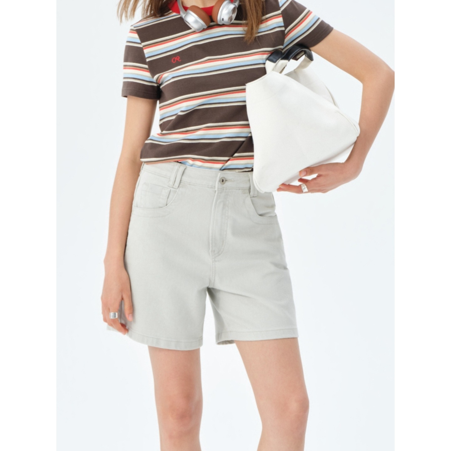 Women Lyocell Denim Shorts High Waist Straight Leg Milk Tea Grey Casual Summer