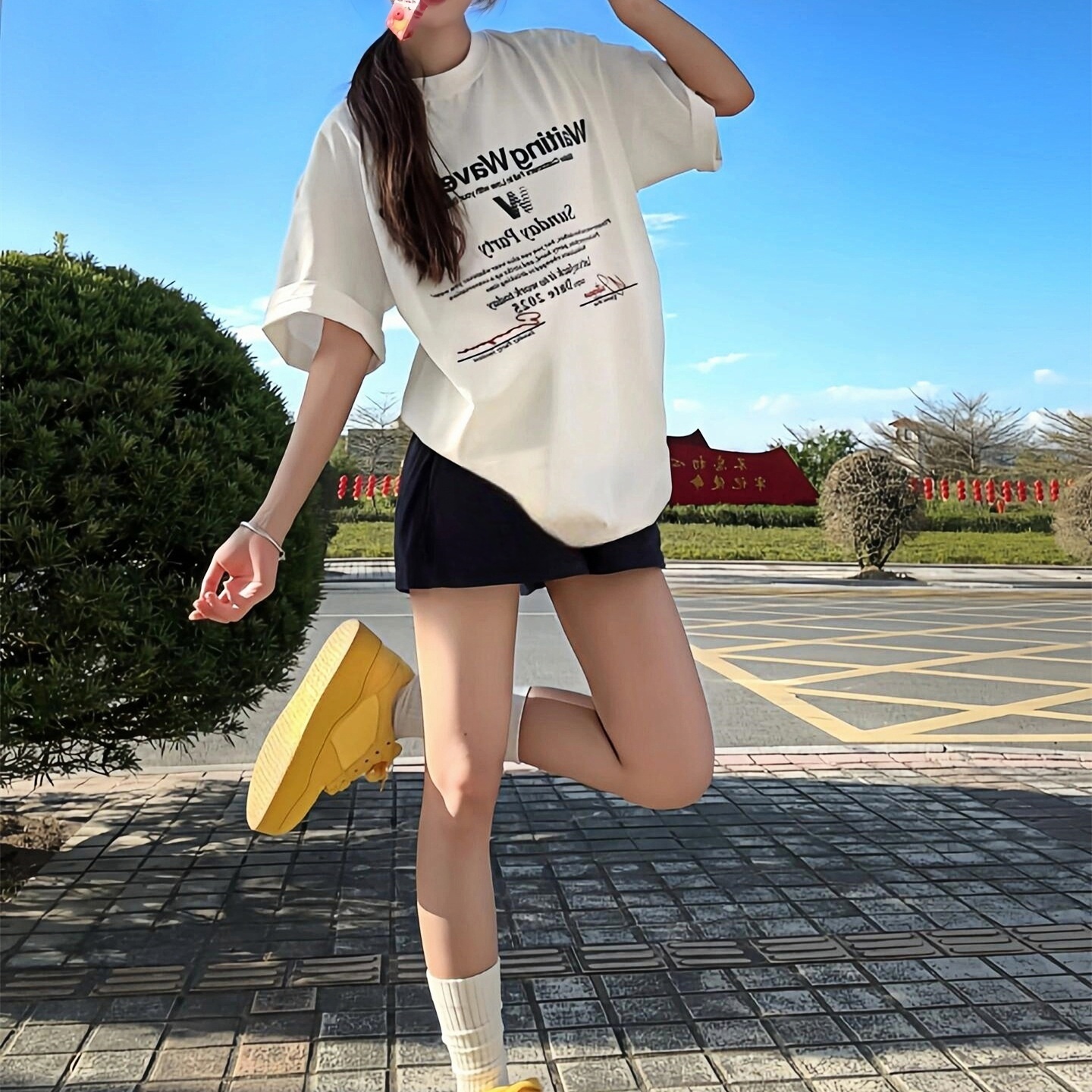 Quần short nữ chất vải cotton cạp cao, kiểu dáng A-line thoải mái cho mùa hè