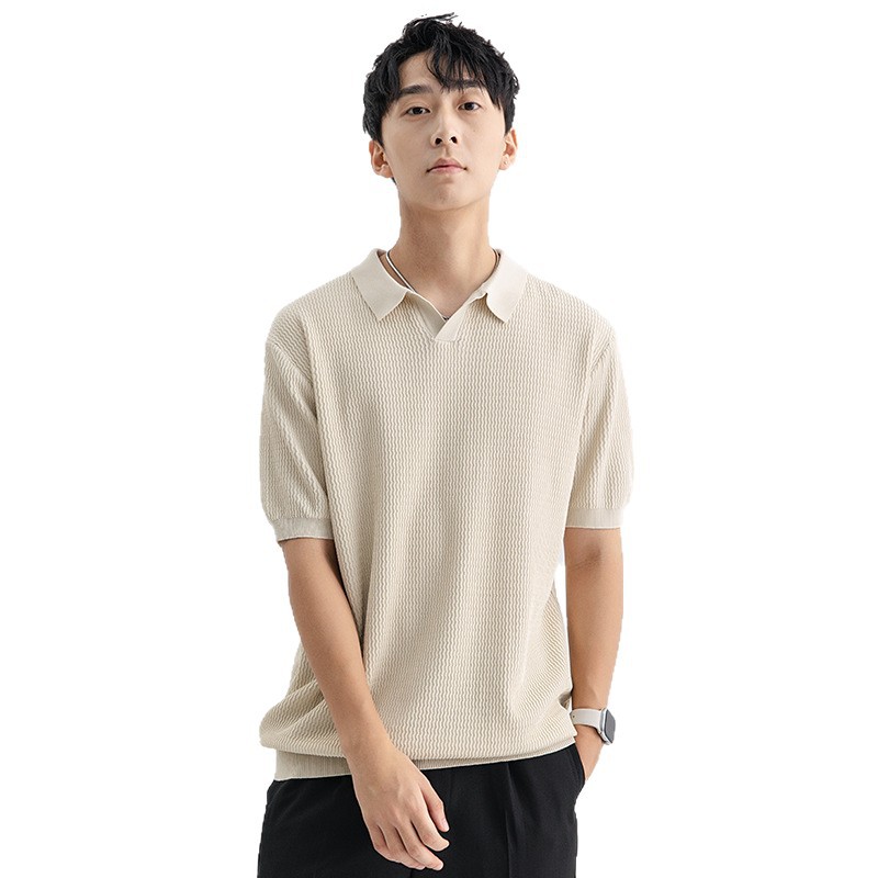 Men's Ice Silk Knit Polo Shirt Short Sleeve Striped Casual Top