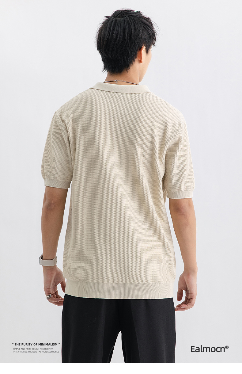 Men's Ice Silk Knit Polo Shirt Short Sleeve Striped Casual Top