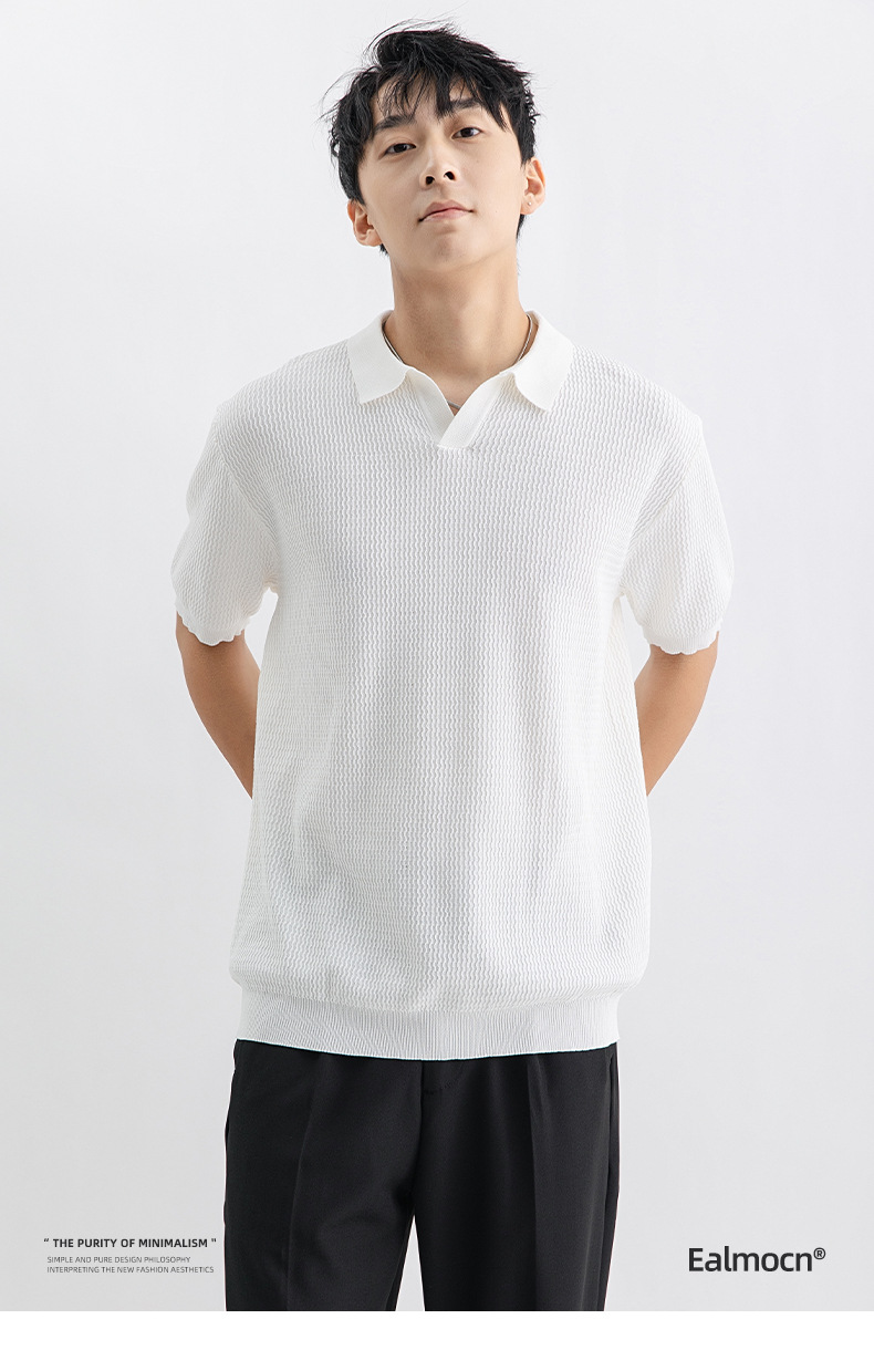 Men's Ice Silk Knit Polo Shirt Short Sleeve Striped Casual Top