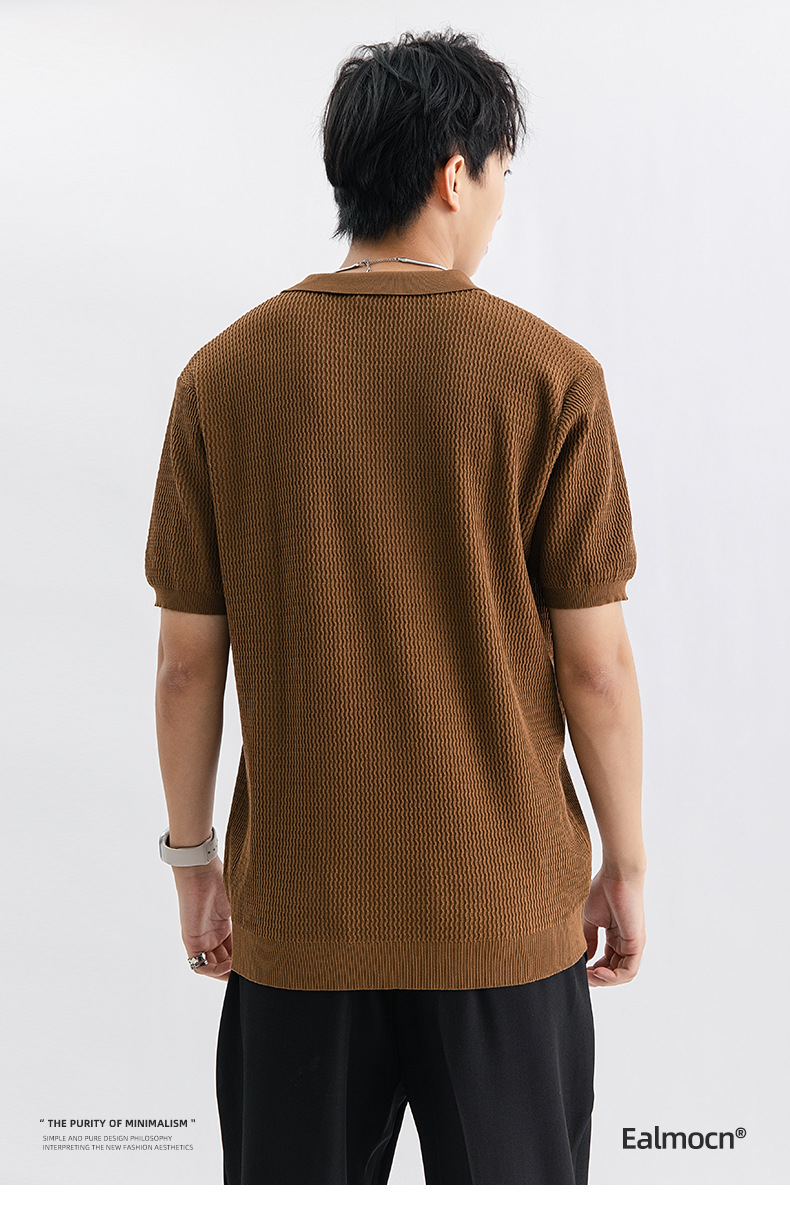 Men's Ice Silk Knit Polo Shirt Short Sleeve Striped Casual Top