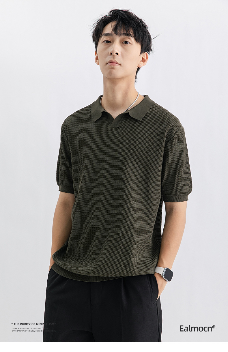 Men's Ice Silk Knit Polo Shirt Short Sleeve Striped Casual Top