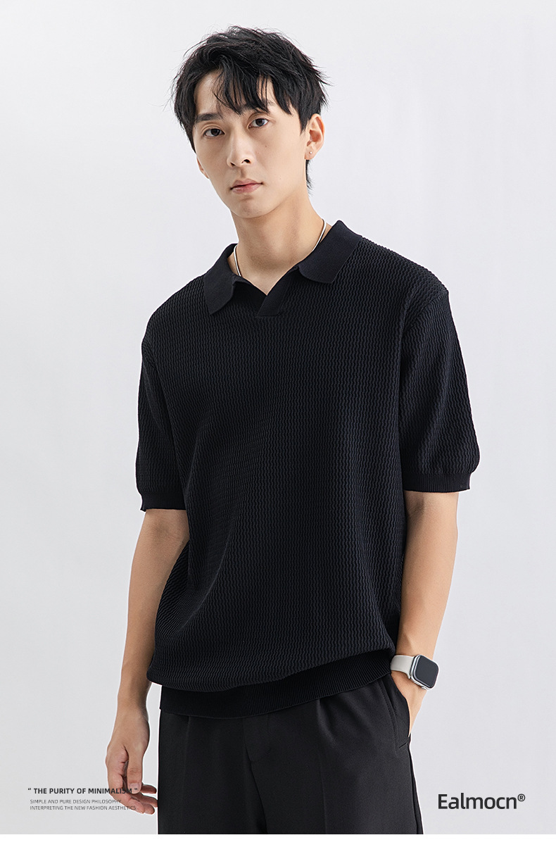 Men's Ice Silk Knit Polo Shirt Short Sleeve Striped Casual Top