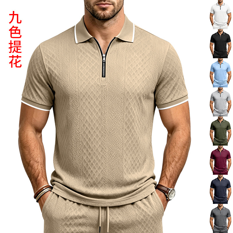Men's Jacquard Textured Polo Shirt Short Sleeve Loose Fit Color Block Summer Casual