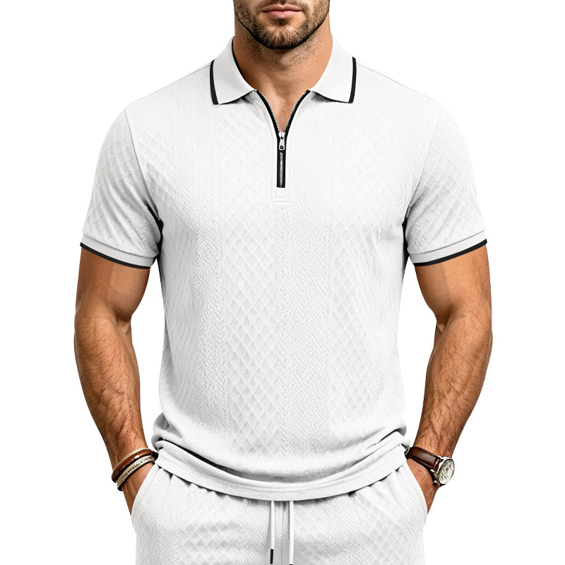 Men's Jacquard Textured Polo Shirt Short Sleeve Loose Fit Color Block Summer Casual