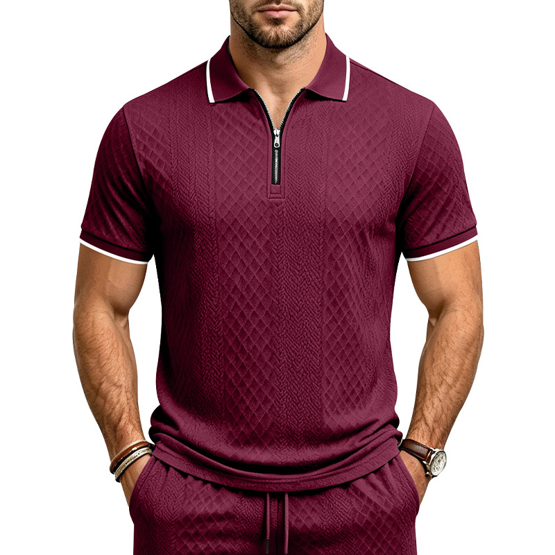 Men's Jacquard Textured Polo Shirt Short Sleeve Loose Fit Color Block Summer Casual