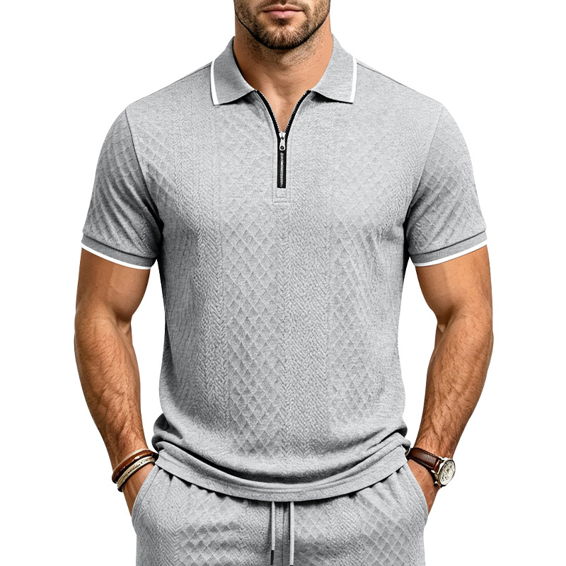 Men's Jacquard Textured Polo Shirt Short Sleeve Loose Fit Color Block Summer Casual