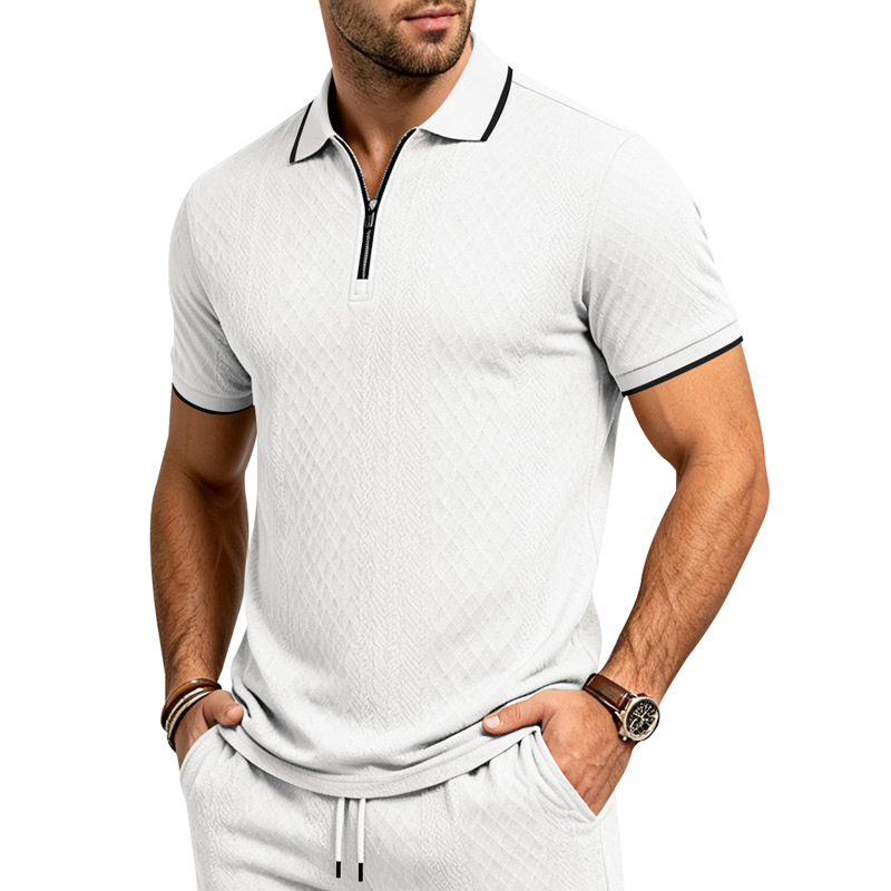 Men's Jacquard Textured Polo Shirt Short Sleeve Loose Fit Color Block Summer Casual