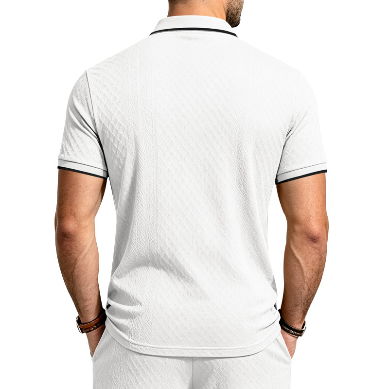Men's Jacquard Textured Polo Shirt Short Sleeve Loose Fit Color Block Summer Casual