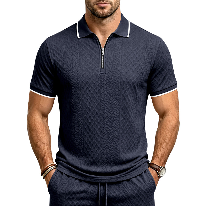Men's Jacquard Textured Polo Shirt Short Sleeve Loose Fit Color Block Summer Casual