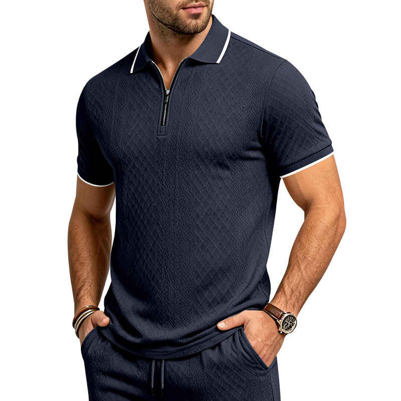 Men's Jacquard Textured Polo Shirt Short Sleeve Loose Fit Color Block Summer Casual